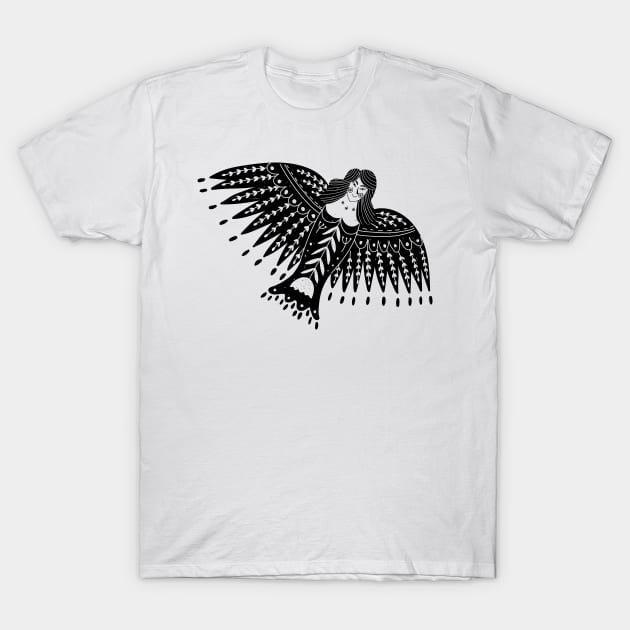 Folk Art Angel with Wings in Black T-Shirt by Pixelchicken